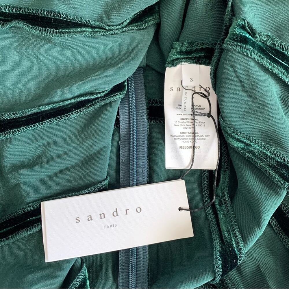 Sandro Stuarty Dark Green Velvet Belted Puff Sleeve Mini Dress Size 3 Large - Picture 11 of 14